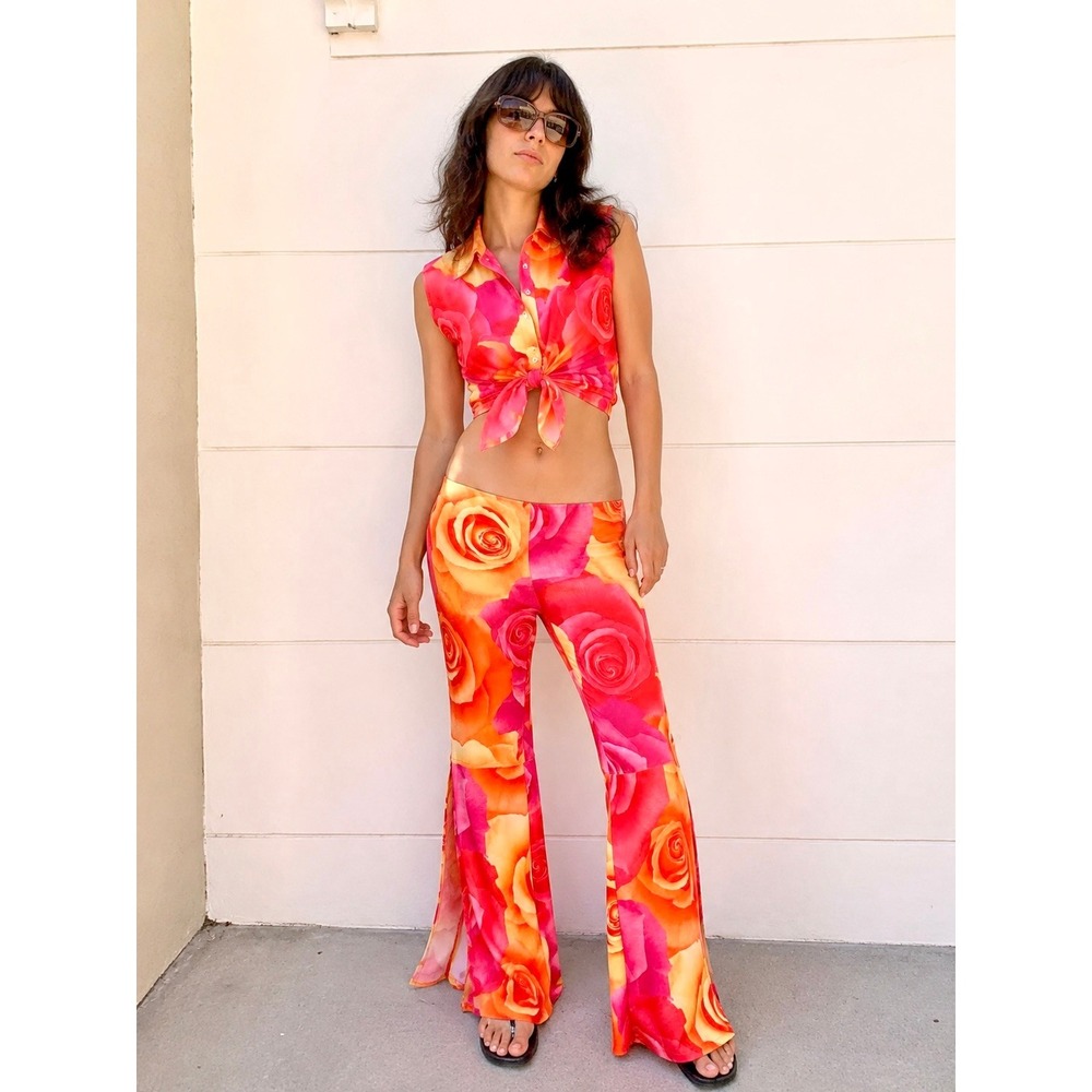 Vintage Y2K Neon Floral Festival Print 2 Piece Bell‎ Bottom Pants Pink Set XS/S